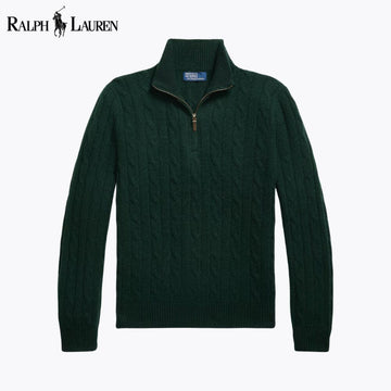 RL Pull en cachemire à maille torsadée et fermeture éclair au quart